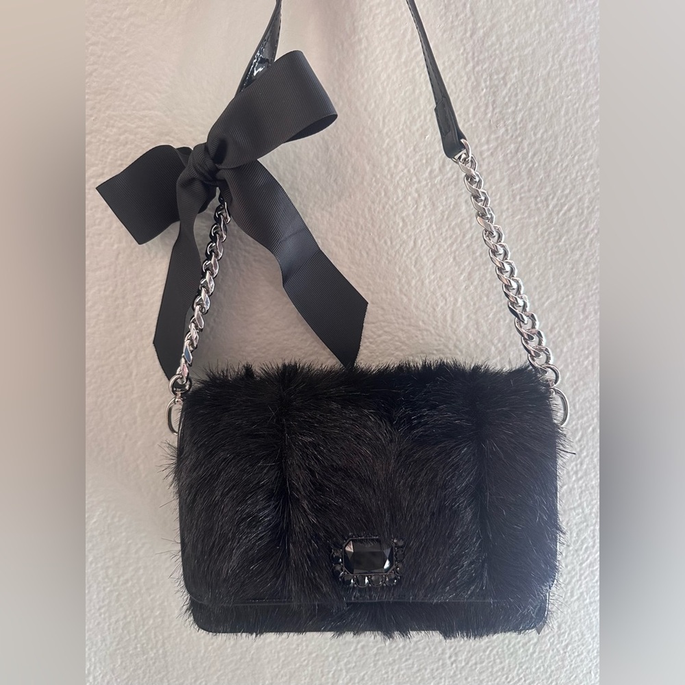 My Flat In London Belle Bag - Black Fur Patent Leather with a Bow - New